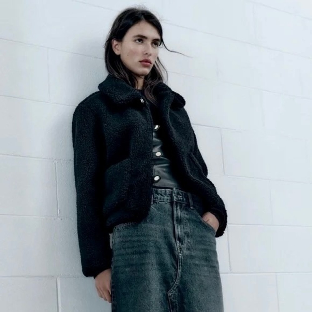 ZARA Black Sherpa Fuzzy Fleece Teddy Coat‎ Faux Shearling Snaps Pockets Small - Picture 5 of 16